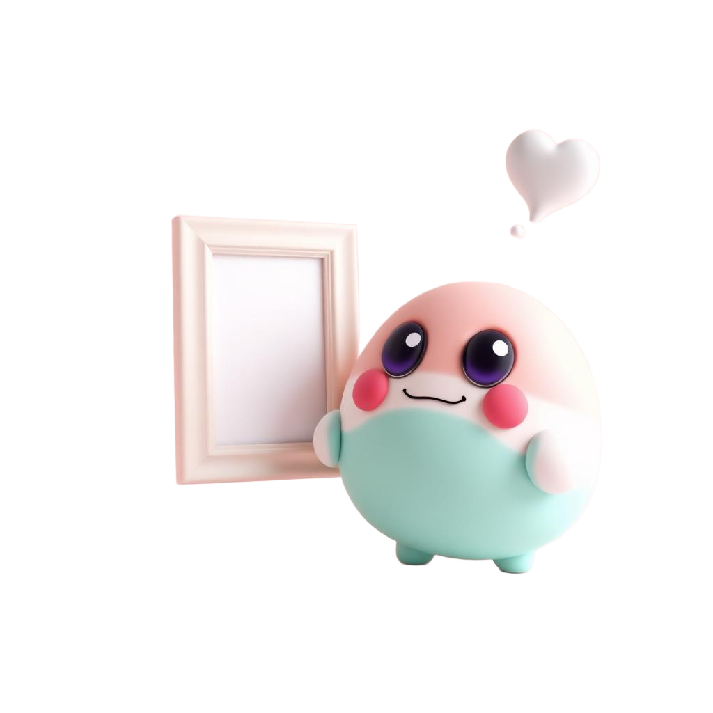 3D illustrated character next to a picture frame